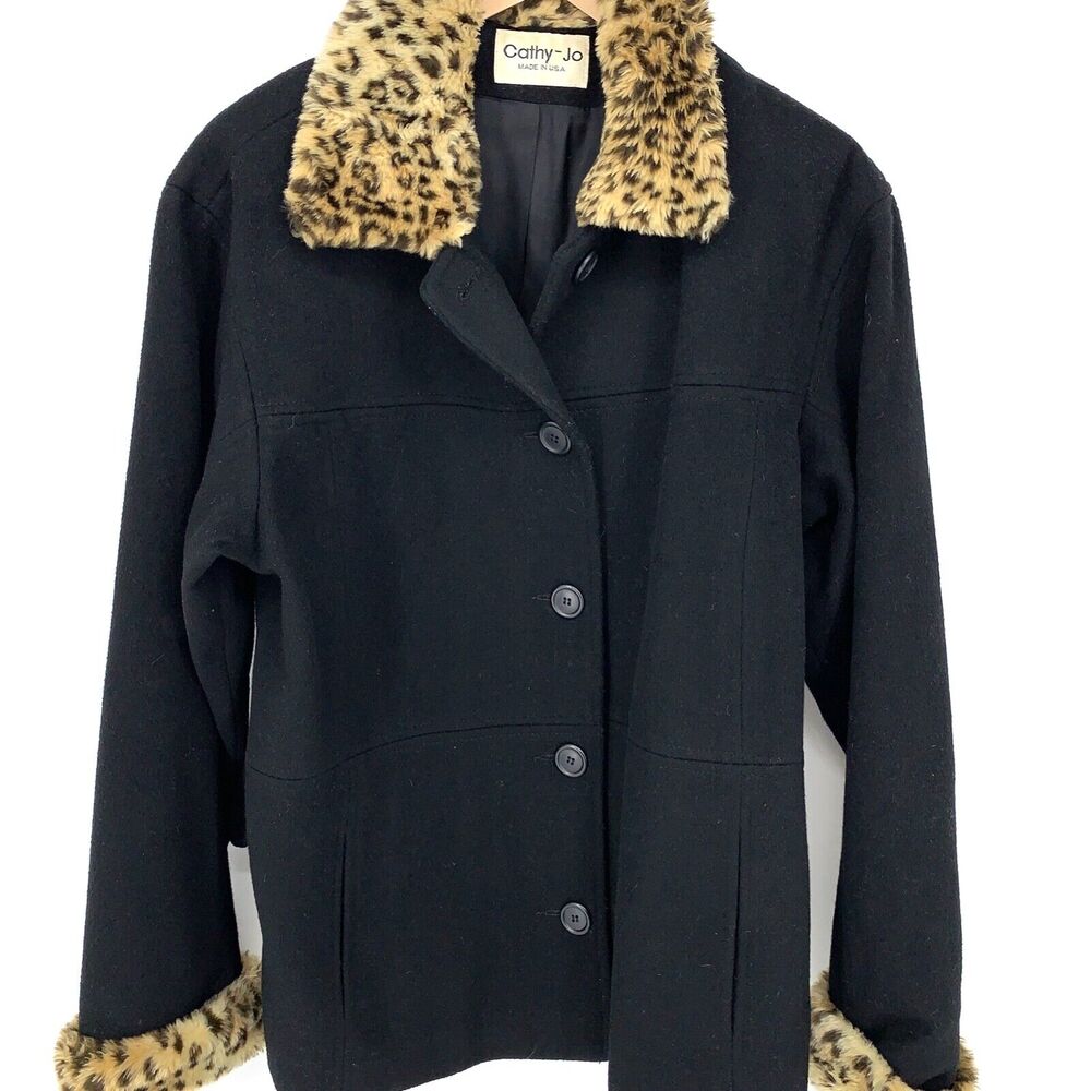 Vintage Cathy Jo Black Wool Coat Faux Fur Leopard Collar Size L